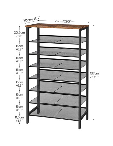 Estante para Zapatos HOOBRO 8 Niveles Marrón Rústico 75 cm