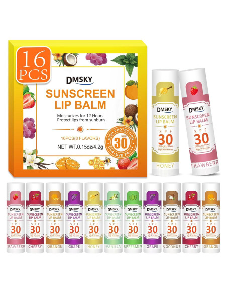 Bálsamo Labial DMSKY SPF 30 - Paquete de 16 Tubos Saborizados