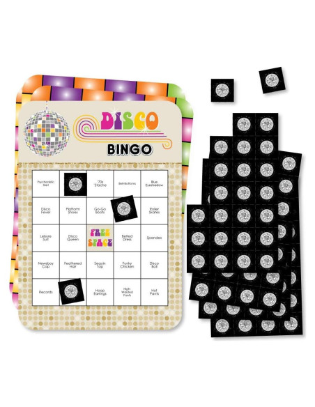 Juego de Bingo Disco 70s Punto Grande de Felicidad - 18 Tarjetas y Marcadores