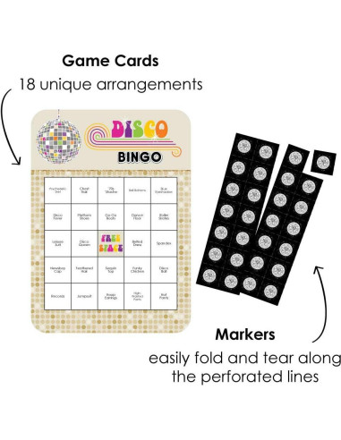Juego de Bingo Disco 70s Punto Grande de Felicidad - 18 Tarjetas y Marcadores