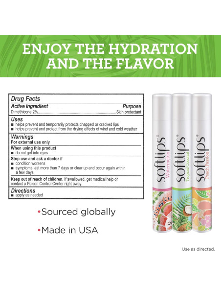 Bálsamos Labiales Softlips Pack de 3 - Sandía, Coco y Durazno