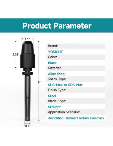 Adaptador SDS-Max a SDS-Plus YOSIGHT 22.86 cm Acero Aleado
