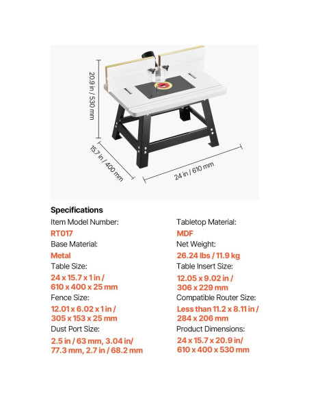 Mesa de Router de Banco VEVOR 61x40cm MDF Metal Ajustable