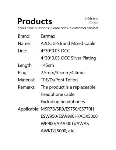 Cable Balanceado A2DC 1.45m Earmax 8 Hilos 2.5mm 3.5mm 4.4mm
