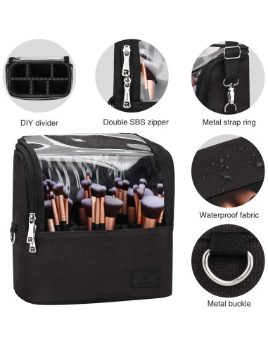 Estuche para Brochas de Maquillaje Grande Negro con Divisores Ajustables