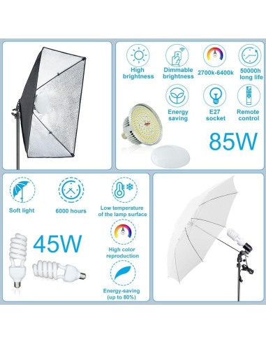 Kit de Iluminación Fotográfica MsMk 2.6x3M con Softbox y Fondos