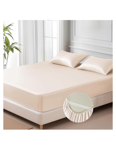 Sábana Ajustada de Satén MR&HM Individual Beige 600 Hilos