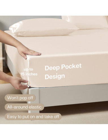 Sábana Ajustada de Satén MR&HM Individual Beige 600 Hilos