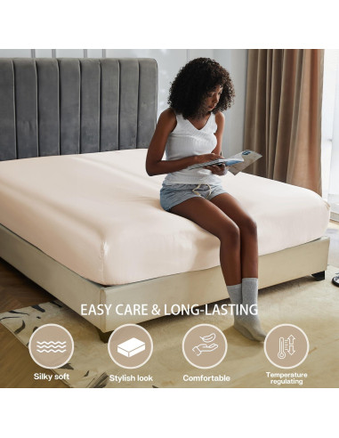 Sábana Ajustada de Satén MR&HM Individual Beige 600 Hilos