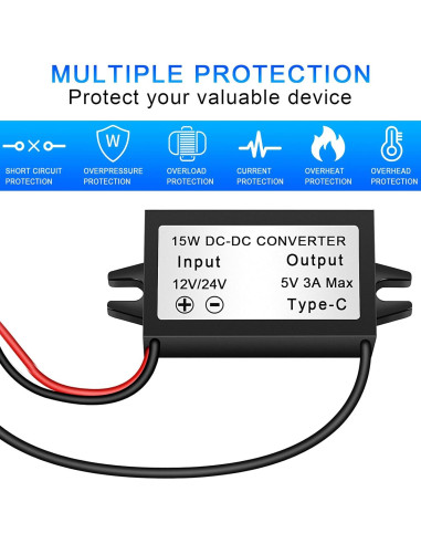 Convertidor Buck 12V/24V a 5V 3A Petutu USB Tipo-C