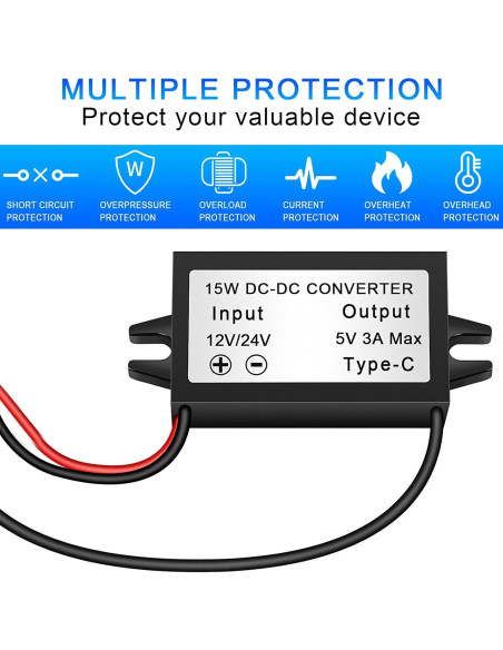 Convertidor Buck 12V/24V a 5V 3A Petutu USB Tipo-C