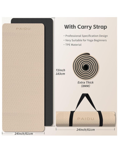 Estera de Yoga PAIDU 183x61cm 8mm Antideslizante TPE