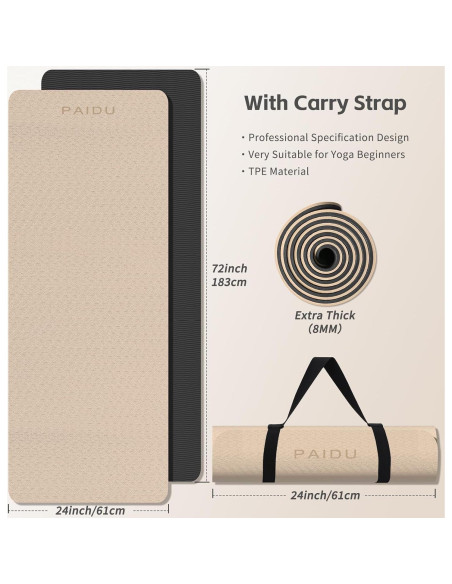 Estera de Yoga PAIDU 183x61cm 8mm Antideslizante TPE
