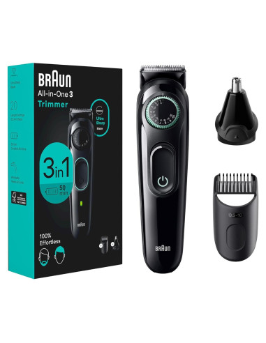 Braun Kit de Estilo Todo en Uno 3 en 1 AIO3430, Recortadora de Barba y Nariz, 20 Longitudes