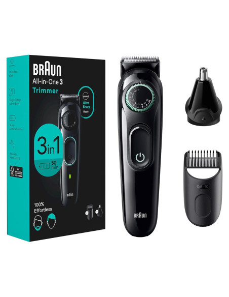 Braun Kit de Estilo Todo en Uno 3 en 1 AIO3430, Recortadora de Barba y Nariz, 20 Longitudes