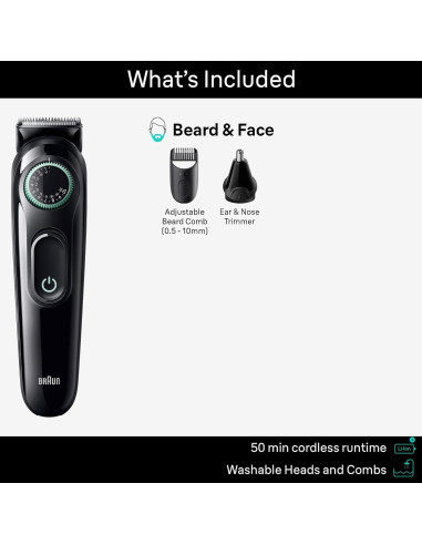 Braun Kit de Estilo Todo en Uno 3 en 1 AIO3430, Recortadora de Barba y Nariz, 20 Longitudes