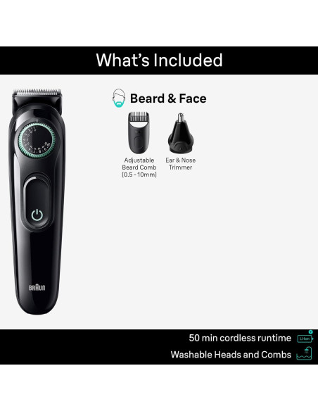 Braun Kit de Estilo Todo en Uno 3 en 1 AIO3430, Recortadora de Barba y Nariz, 20 Longitudes