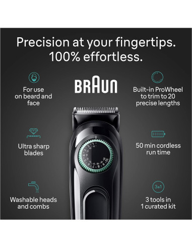 Braun Kit de Estilo Todo en Uno 3 en 1 AIO3430, Recortadora de Barba y Nariz, 20 Longitudes