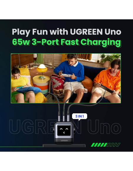 Cargador UGREEN Uno 65W GaN 3 Puertos Robot Negro