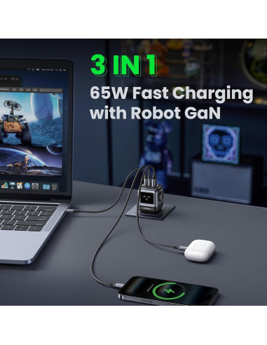 Cargador UGREEN Uno 65W GaN 3 Puertos Robot Negro