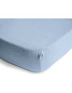 Sábana Ajustable Muselina 100% Algodón Mushie Cuna Mini Azul 2