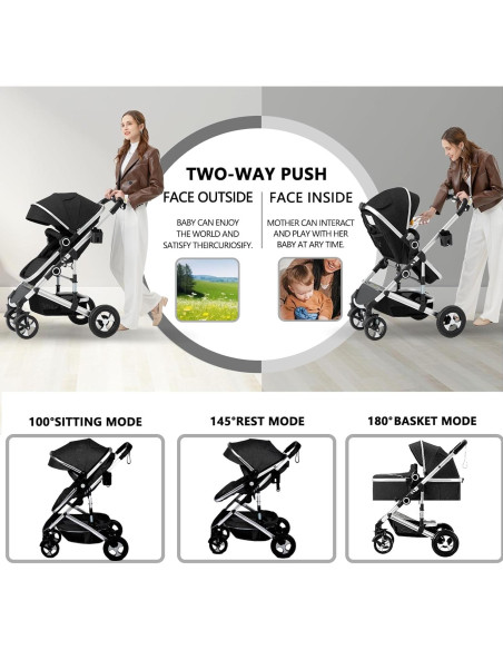 Cochecito Modular Kinder King 2 en 1 Negro Plegable Reversible