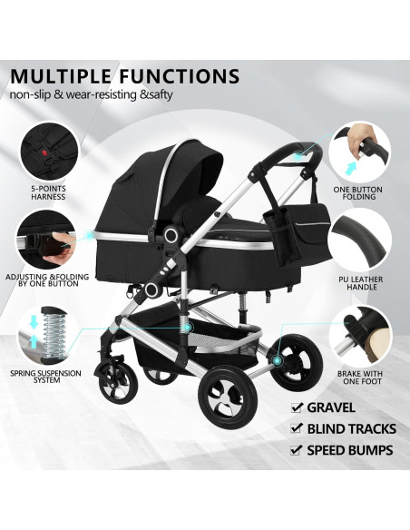 Cochecito Modular Kinder King 2 en 1 Negro Plegable Reversible