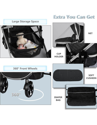 Cochecito Modular Kinder King 2 en 1 Negro Plegable Reversible