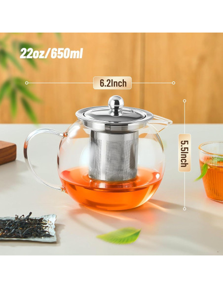 Tetera de vidrio Baalaka 650ml con infusor de acero inoxidable