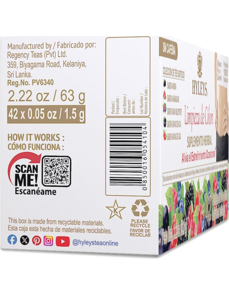 Té Herbal de Limpieza de Colon Hyleys - 42 Bolsitas Sin Cafeína