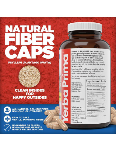 Yerba Prima Psyllium Husks 625 mg - 400 Cápsulas de Fibra Natural