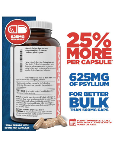 Yerba Prima Psyllium Husks 625 mg - 400 Cápsulas de Fibra Natural