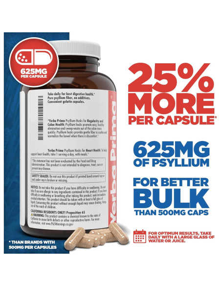 Yerba Prima Psyllium Husks 625 mg - 400 Cápsulas de Fibra Natural