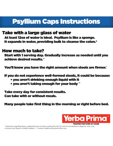 Yerba Prima Psyllium Husks 625 mg - 400 Cápsulas de Fibra Natural
