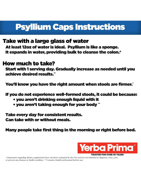 Yerba Prima Psyllium Husks 625 mg - 400 Cápsulas de Fibra Natural