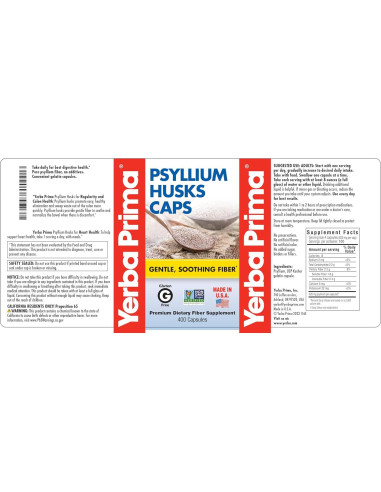 Yerba Prima Psyllium Husks 625 mg - 400 Cápsulas de Fibra Natural