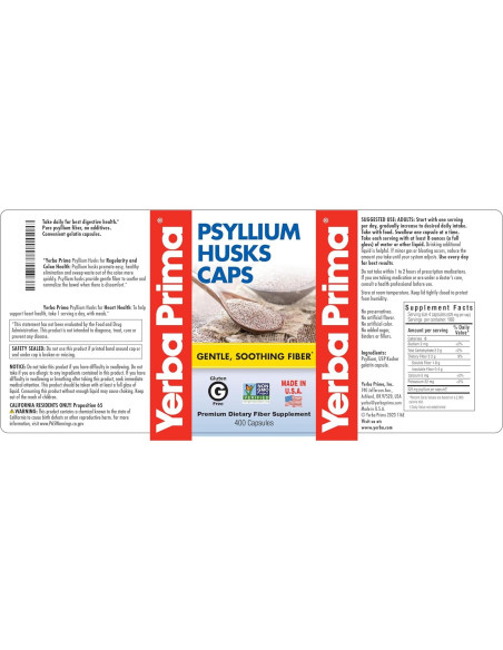 Yerba Prima Psyllium Husks 625 mg - 400 Cápsulas de Fibra Natural