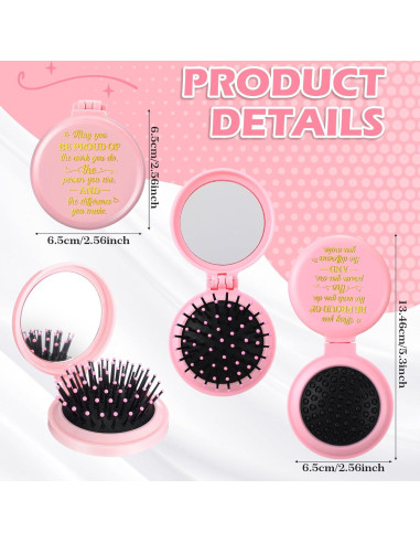 Set de 12 Cepillos de Pelo Plegables Leinuosen con Espejo Rosa