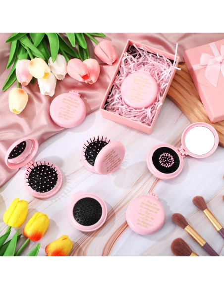 Set de 12 Cepillos de Pelo Plegables Leinuosen con Espejo Rosa
