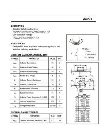 Transistor de Potencia YEGAFE 2N3771 30A 40V TO-3
