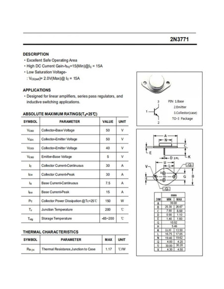 Transistor de Potencia YEGAFE 2N3771 30A 40V TO-3