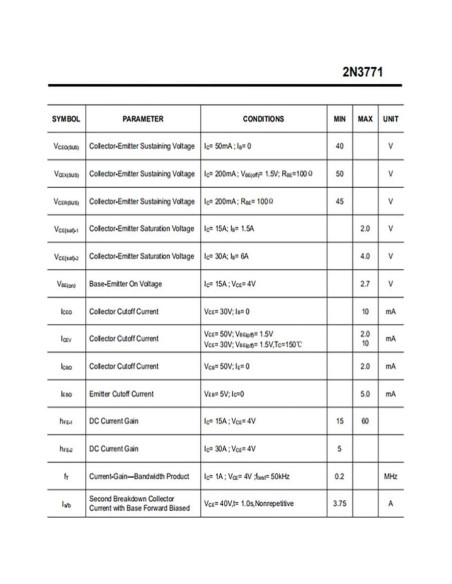 Transistor de Potencia YEGAFE 2N3771 30A 40V TO-3