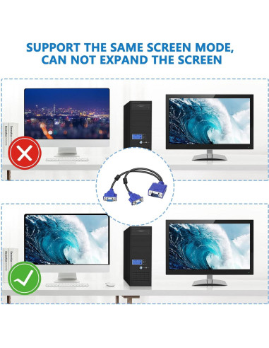 Cable Divisor VGA 1 Macho a 2 Hembras 33cm Duplicador de Pantalla