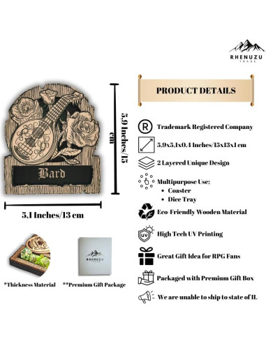 Bandeja de Dados Bardo Rhenuzu 15x13 cm - Posavasos de Madera