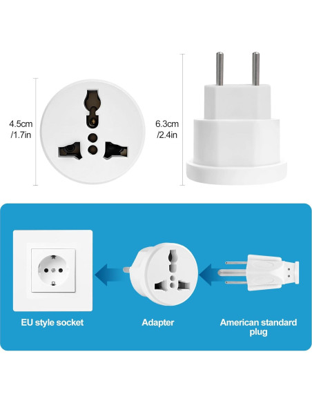 Adaptador de Enchufe de Viaje Europeo Ziissup Tipo C 3 Piezas