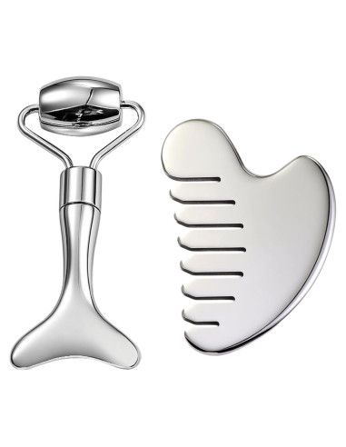 Juego de Herramientas Gua Sha Facial AAJP - Rodillo y Masajeador Plata