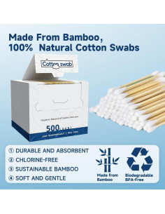 Bastoncillos de Algodón Natural HMTM 500 Unidades Biodegradables 2