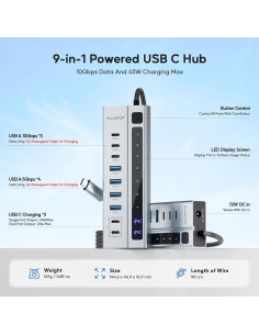 Hub USB C Alimentado PULWTOP 9-en-1 10Gbps 45W Carga PD 2