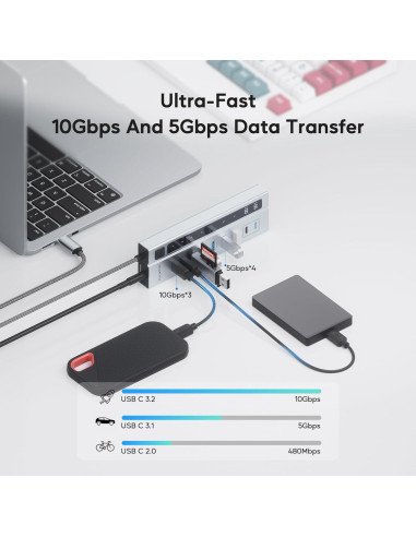 Hub USB C Alimentado PULWTOP 9-en-1 10Gbps 45W Carga PD