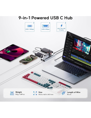 Hub USB C Alimentado PULWTOP 9-en-1 10Gbps 45W Carga PD